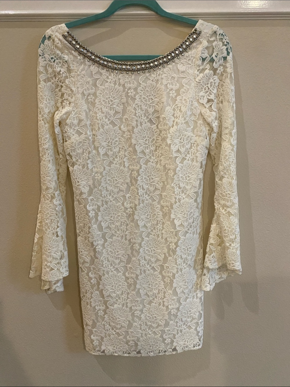Laundry By Shelli Segal Cream Lace Long-Sleeve Dress with Beaded Neckline